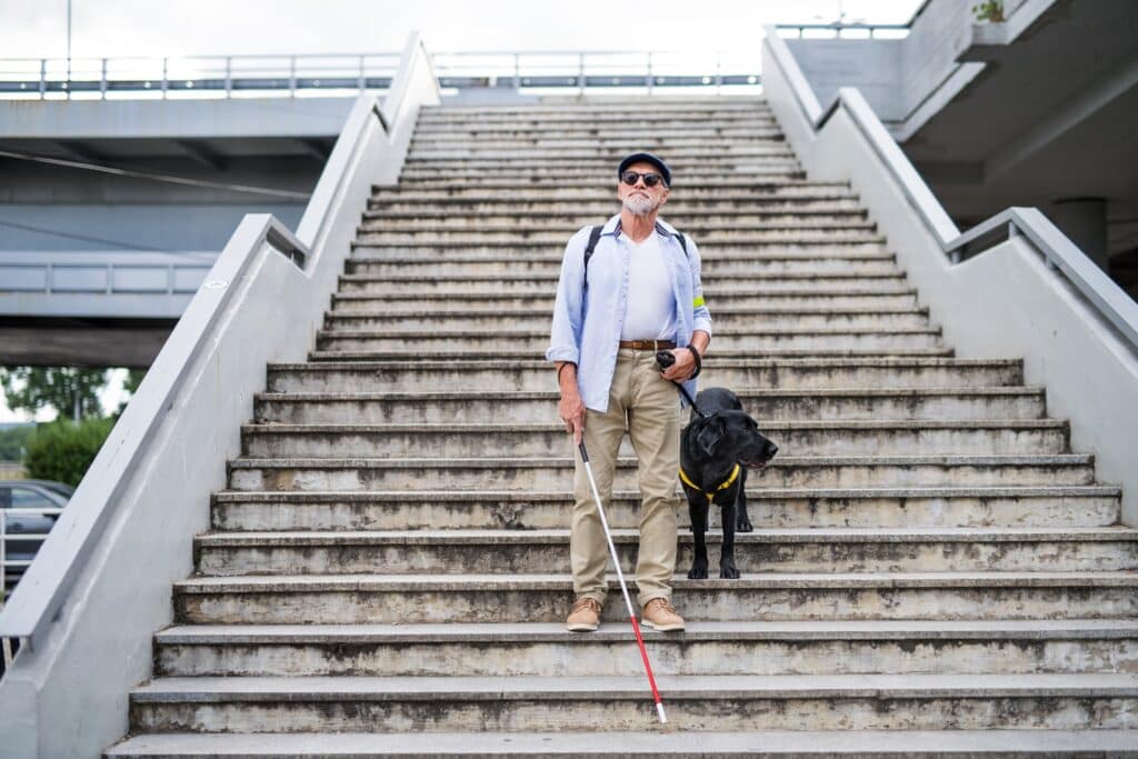 homme aveugle descend l'escalier avec son chien guide